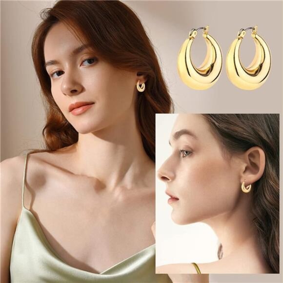 Gold Chunky Hoop Earrings Set for Women, 14K Gold Plated Twisted Huggie Earring - Picture 4 of 7